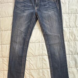 Miss Me Blue Straight Leg Jeans with Vintage Distress